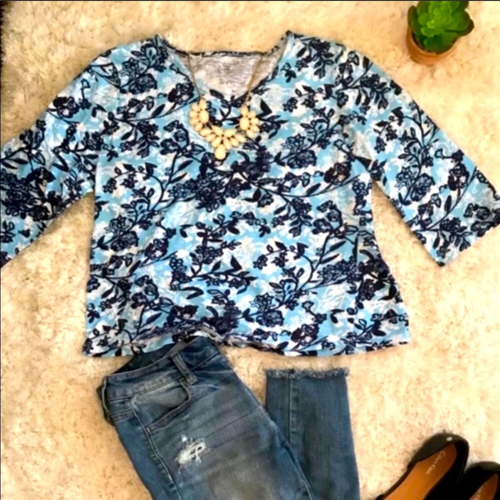 🌻 3/$15 Blue Floral Print 3/4 Sleeve Blouse - Picture 1 of 4